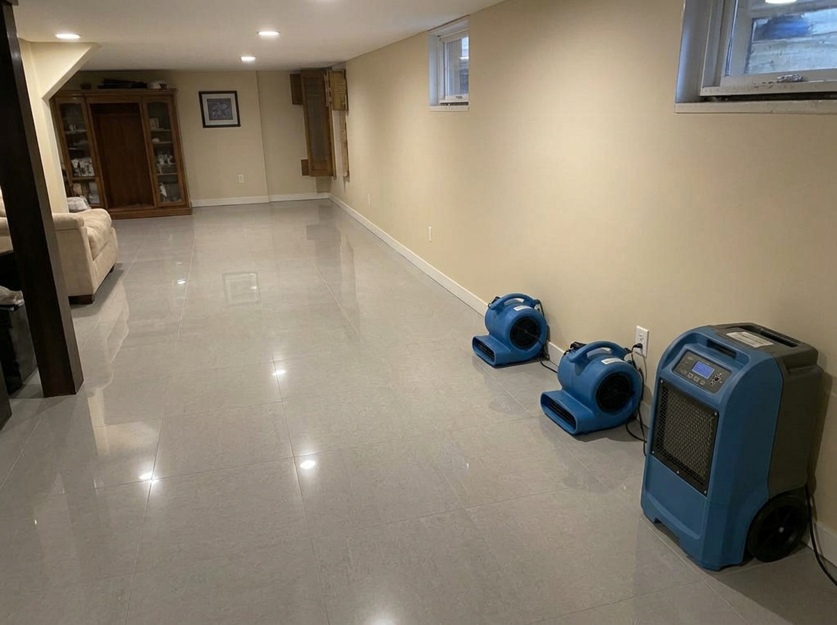 After water damage restoration — clean dry basement fully restored